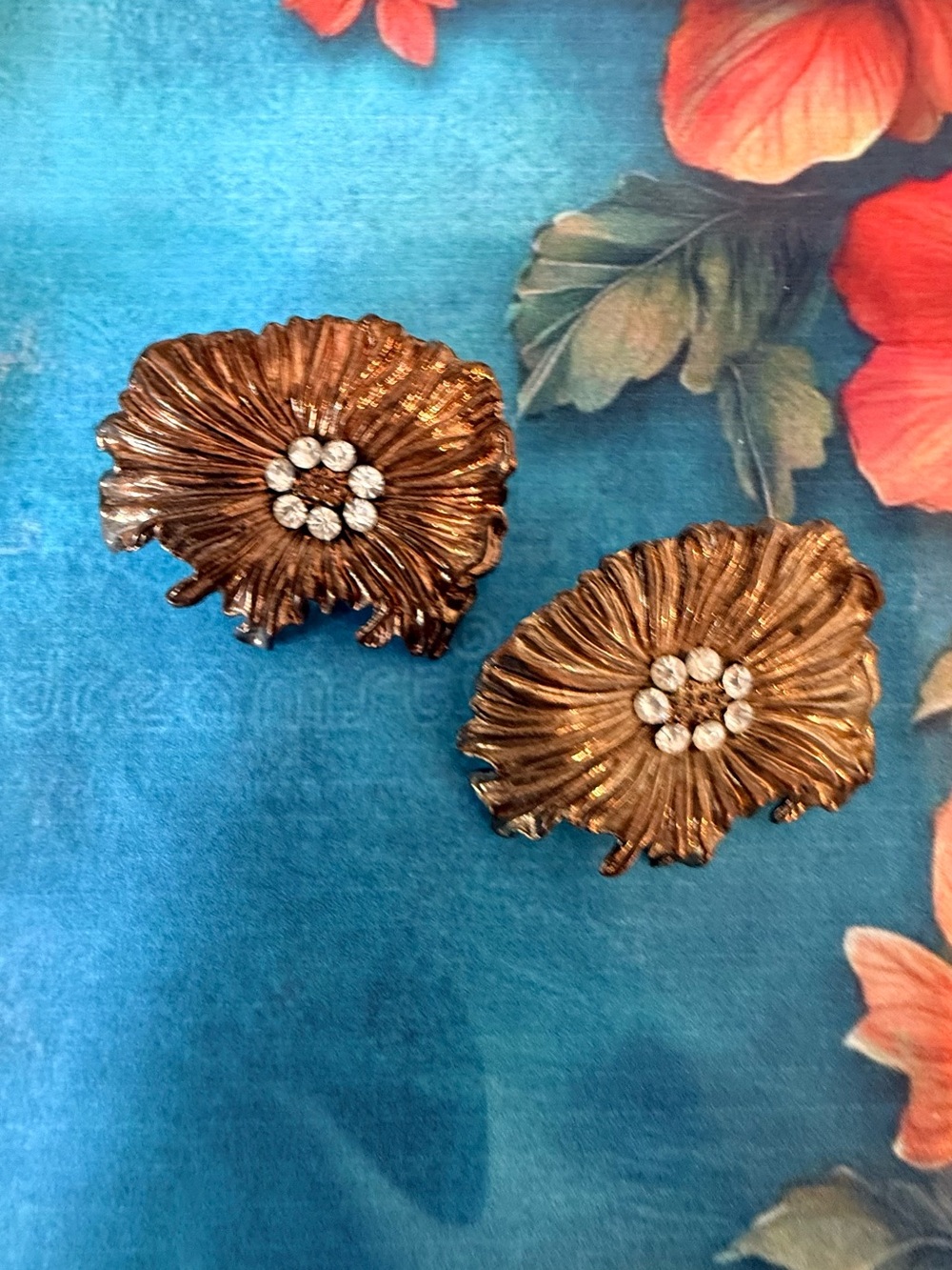 Gold Floral Crystal Center Clip-On Earrings - Women Accessories